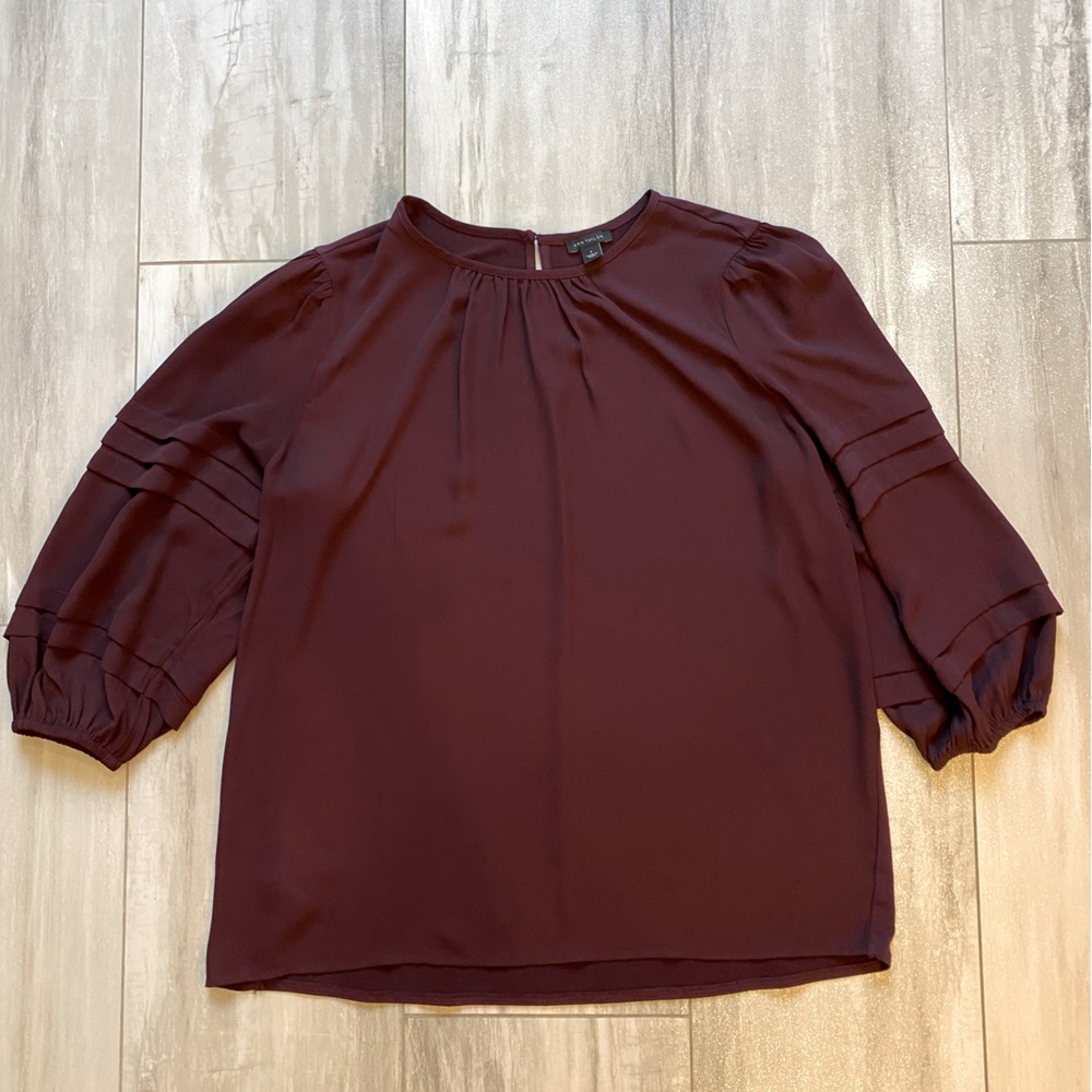 Ann Taylor Flowy Dark Eggplant Purple 3/4 Length Tucked Pleat Sleeve Blouse S